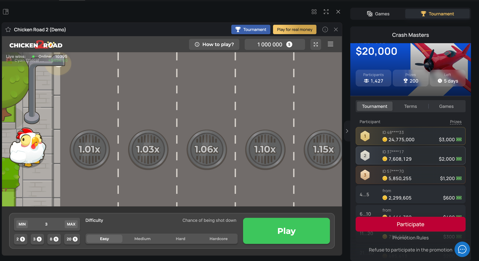 Chicken Road game screen on Batery